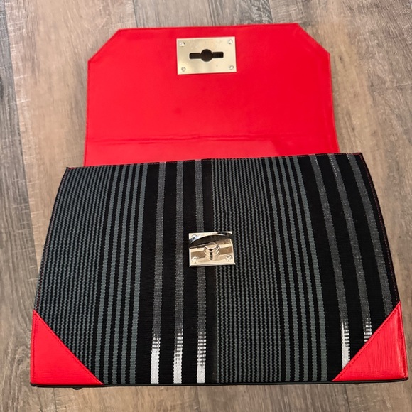 Femi Handbag | Stylish Red Leather & Black & White Striped Fabric - Picture 9 of 10